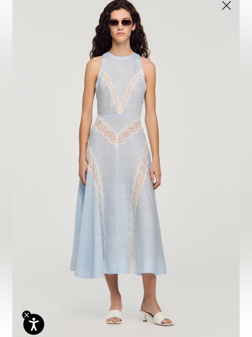 Sandro Paris Nathalie Blue Pinstripe Linen
Lace Midi Dress Size M NWOT